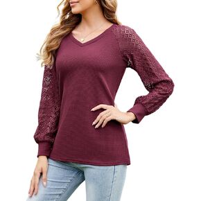 MINTLIMIT Women's Lace Long Sleeve Waffle Tops Casual Dressy Blouses Summer Loose Knit Blouse V Neck Pullover T Shirts