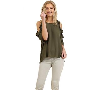 Umgee Women's Solid Colored Cold Shoulder Tunic with Ruffle Details