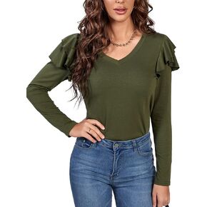 LYANER Women's Casual V Neck Tee Layered Ruffle Trim Long Sleeve T-Shirt Tunic Top