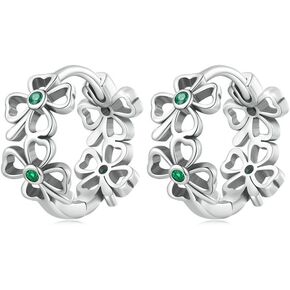 Huggie CZ Clover Hoop Earrings for Women Girls 925 Sterling Silver Green Crystal Hypoallergenic Small Flower Leaf Hoops Cuff Cartilage Elegant Lucky Birthday St.Patrick's Day Jewelry Gifts
