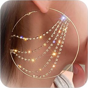 Rhinestone Hoop Earrings for Women Gold Silver Hoop Earrings Geometric Silver Color Tassel Earrings for Girls Huggie Hoop Earrings for Women Girls Gifts