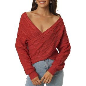 Seta T Women's Casual V Neck Long Sleeve Sweater Cross Wrap Front Off Shoulder Ribbed Knit Pullover Sweater