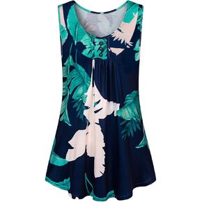 LURANEE Womens Casual Sleeveless Floral Tops Crew Neck Pleated Loose Tunic Shirt in Kuwait