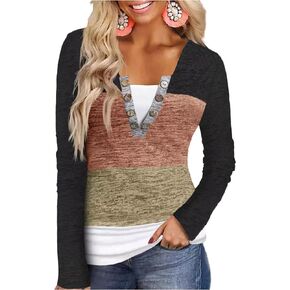 Color Block Button Fake Two-Piece Blouse T Shirt Women Long Sleeve Casual Loose-Fit T Shirts Scoop Neck Tops