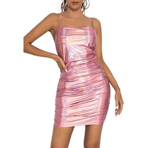 LUDRESS Sexy Bodycon Cami Dress Spaghetti Straps Ruched Dresses Cocktail Metallic Fitted Mini Dress Shiny Clubwear for Women
