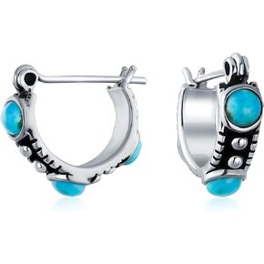 Bali Boho South Western Multi Color Stabilized Blue Turquoise Red Carnelian Onyx Bead Small Huggie Hoop Earrings For Women Teen .925 Sterling Silver