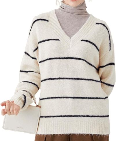 Clef Women's Loose fit and Comfortable fit Knit top Sweater Casual Long Sleeve Knit Pullover Shirt Tops Stripe Points in Saudi Arabia