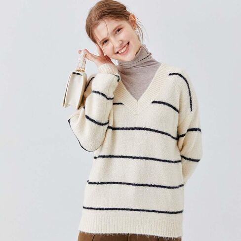 Clef Women's Loose fit and Comfortable fit Knit top Sweater Casual Long Sleeve Knit Pullover Shirt Tops Stripe Points in Saudi Arabia