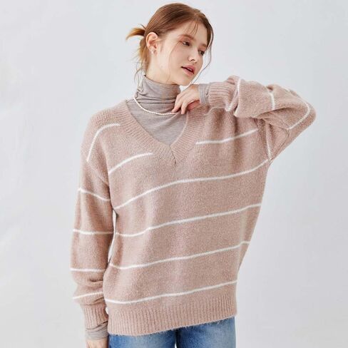 Clef Women's Loose fit and Comfortable fit Knit top Sweater Casual Long Sleeve Knit Pullover Shirt Tops Stripe Points in Saudi Arabia