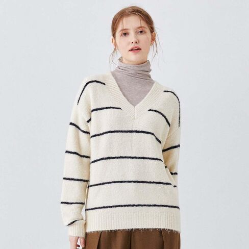 Clef Women's Loose fit and Comfortable fit Knit top Sweater Casual Long Sleeve Knit Pullover Shirt Tops Stripe Points in Saudi Arabia