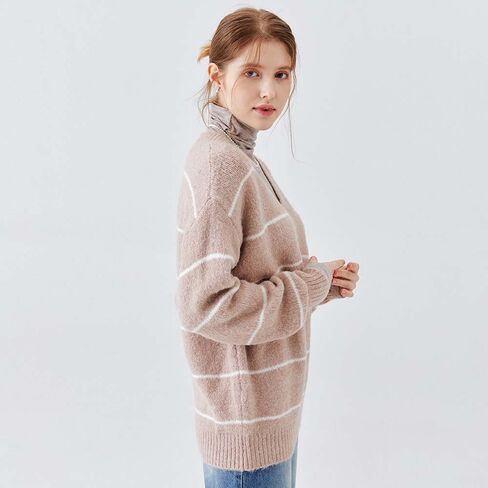 Clef Women's Loose fit and Comfortable fit Knit top Sweater Casual Long Sleeve Knit Pullover Shirt Tops Stripe Points in Saudi Arabia