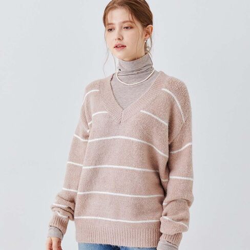 Clef Women's Loose fit and Comfortable fit Knit top Sweater Casual Long Sleeve Knit Pullover Shirt Tops Stripe Points in Saudi Arabia