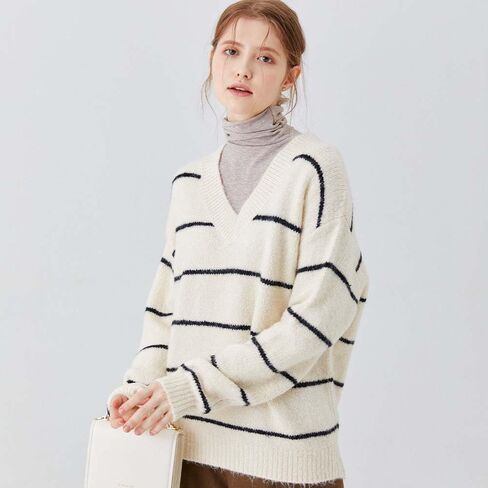 Clef Women's Loose fit and Comfortable fit Knit top Sweater Casual Long Sleeve Knit Pullover Shirt Tops Stripe Points in Saudi Arabia