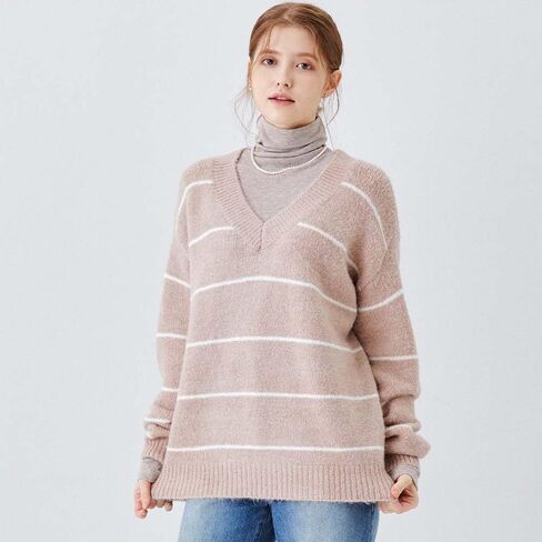 Clef Women's Loose fit and Comfortable fit Knit top Sweater Casual Long Sleeve Knit Pullover Shirt Tops Stripe Points in Saudi Arabia