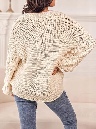 CUPSHE Women V Neck Sweater Cutout Knit Casual Long Lantern Sleeves in Saudi Arabia