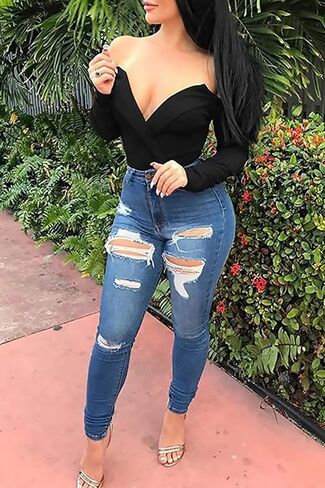 فير بيوتي بنطلون جينز ضيق قابل للتمدد بحافة خام مهترئة بقصة ضيقة للنساء in Kuwait