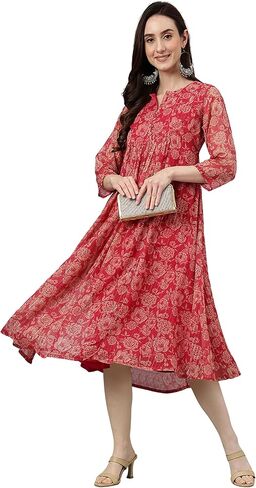 Janasya Women's Day Dark Pink Chiffon Lurex Floral Printed Flared Dress for Women in Saudi Arabia