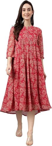 Janasya Women's Day Dark Pink Chiffon Lurex Floral Printed Flared Dress for Women in Saudi Arabia