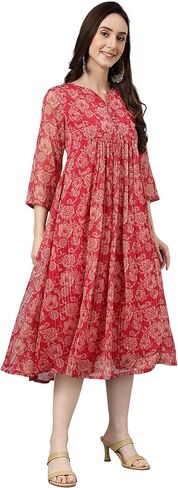 Janasya Women's Day Dark Pink Chiffon Lurex Floral Printed Flared Dress for Women in Saudi Arabia