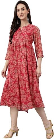 Janasya Women's Day Dark Pink Chiffon Lurex Floral Printed Flared Dress for Women in Saudi Arabia