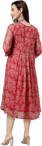 Janasya Women's Day Dark Pink Chiffon Lurex Floral Printed Flared Dress for Women in Saudi Arabia