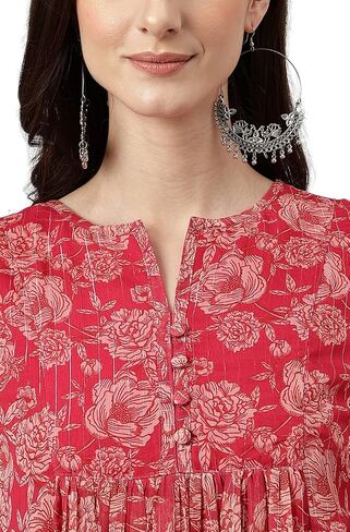 Janasya Women's Day Dark Pink Chiffon Lurex Floral Printed Flared Dress for Women in Saudi Arabia