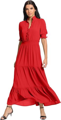 London Times Women's Smocked Puff SLV Ruffle Nk Tiered Midi Dress in Saudi Arabia