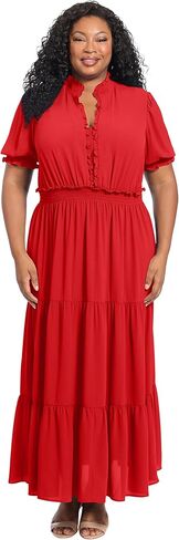 London Times Women's Smocked Puff SLV Ruffle Nk Tiered Midi Dress in Saudi Arabia
