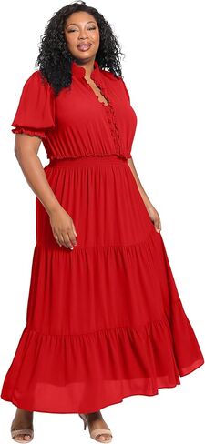 London Times Women's Smocked Puff SLV Ruffle Nk Tiered Midi Dress in Saudi Arabia