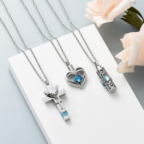 shajwo 3 Pack Urn Necklace for Ashes for Women Gilrs Heart Cross Cylinder Cremation Jewelry for Ashes Memorial Keepsake Birthstone Pendant in Saudi Arabia