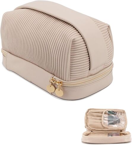 Makeup Travel Bag for Women, Large Capacity Water Proof Vegan Leather Cosmetic Bags, Double Layer Make up Organizer Bag in Saudi Arabia