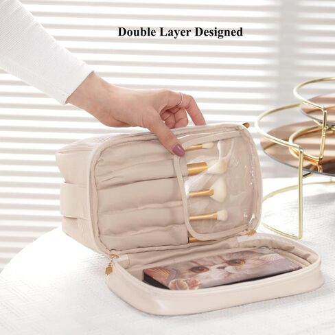 Makeup Travel Bag for Women, Large Capacity Water Proof Vegan Leather Cosmetic Bags, Double Layer Make up Organizer Bag in Saudi Arabia