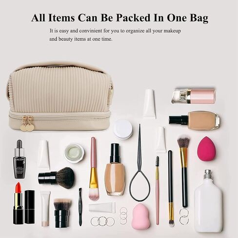 Makeup Travel Bag for Women, Large Capacity Water Proof Vegan Leather Cosmetic Bags, Double Layer Make up Organizer Bag in Saudi Arabia