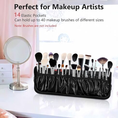 WIOR Makeup Brush Bag Organizer, Professional PU Leather Makeup Brush Holder Foldable Travel Makeup Brush Case Portable Zippered Handbag, Waterproof Cosmetic Bag for Women Men Makeup Artist (Only Bag) in Kuwait