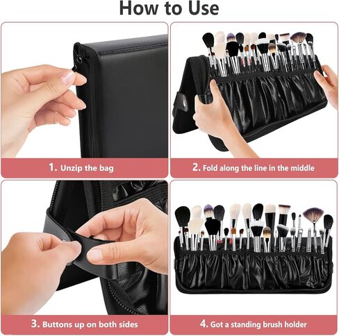 WIOR Makeup Brush Bag Organizer, Professional PU Leather Makeup Brush Holder Foldable Travel Makeup Brush Case Portable Zippered Handbag, Waterproof Cosmetic Bag for Women Men Makeup Artist (Only Bag) in Kuwait
