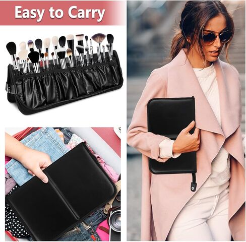 WIOR Makeup Brush Bag Organizer, Professional PU Leather Makeup Brush Holder Foldable Travel Makeup Brush Case Portable Zippered Handbag, Waterproof Cosmetic Bag for Women Men Makeup Artist (Only Bag) in Kuwait