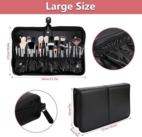 WIOR Makeup Brush Bag Organizer, Professional PU Leather Makeup Brush Holder Foldable Travel Makeup Brush Case Portable Zippered Handbag, Waterproof Cosmetic Bag for Women Men Makeup Artist (Only Bag) in Kuwait