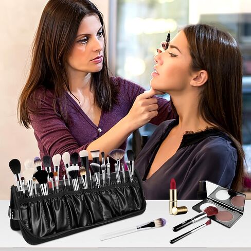 WIOR Makeup Brush Bag Organizer, Professional PU Leather Makeup Brush Holder Foldable Travel Makeup Brush Case Portable Zippered Handbag, Waterproof Cosmetic Bag for Women Men Makeup Artist (Only Bag) in Kuwait