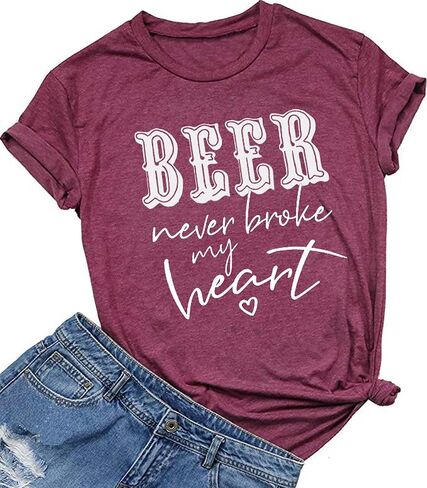 YUYUEYUE Beer Never Broke My Heart T Shirt Women Letter Print Short Sleeve Funny Saying Tops Tee in Saudi Arabia