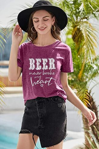 YUYUEYUE Beer Never Broke My Heart T Shirt Women Letter Print Short Sleeve Funny Saying Tops Tee in Saudi Arabia
