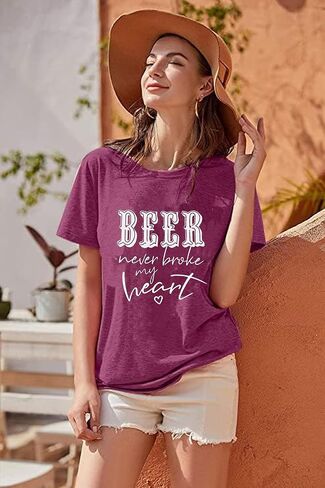 YUYUEYUE Beer Never Broke My Heart T Shirt Women Letter Print Short Sleeve Funny Saying Tops Tee in Saudi Arabia