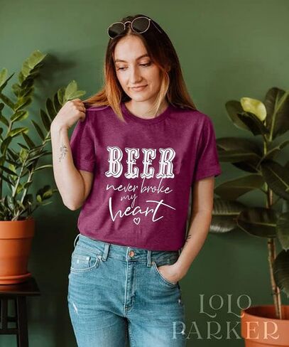 YUYUEYUE Beer Never Broke My Heart T Shirt Women Letter Print Short Sleeve Funny Saying Tops Tee in Saudi Arabia