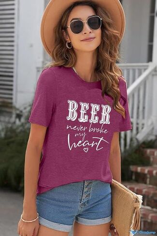 YUYUEYUE Beer Never Broke My Heart T Shirt Women Letter Print Short Sleeve Funny Saying Tops Tee in Saudi Arabia