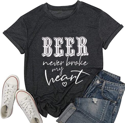 YUYUEYUE Beer Never Broke My Heart T Shirt Women Letter Print Short Sleeve Funny Saying Tops Tee in Saudi Arabia