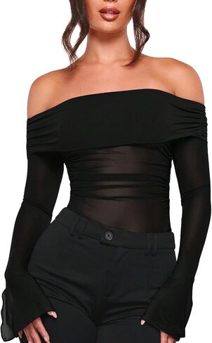 Verdusa Women's Off Shoulder Split Long Sleeve T Shirt Mesh Sheer Ruched Tee Top in Saudi Arabia
