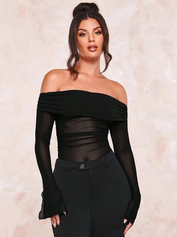 Verdusa Women's Off Shoulder Split Long Sleeve T Shirt Mesh Sheer Ruched Tee Top in Saudi Arabia