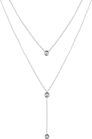 925 Sterling Silver Double Layered Necklace with Three Round Cubic Zirconia Fashion Jewelry for Women in Saudi Arabia