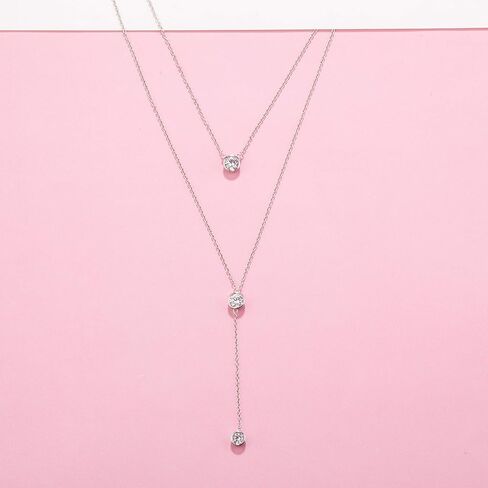 925 Sterling Silver Double Layered Necklace with Three Round Cubic Zirconia Fashion Jewelry for Women in Saudi Arabia