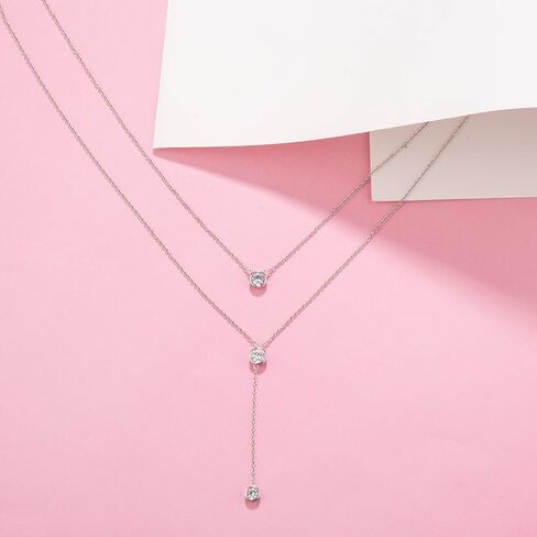 925 Sterling Silver Double Layered Necklace with Three Round Cubic Zirconia Fashion Jewelry for Women in Saudi Arabia