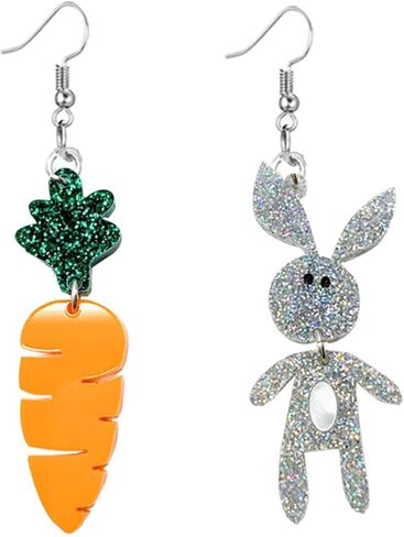 MALOYANVE Rabbit Carrot Earrings for Women Girls Cute Cartoon Sparkly Acrylic Asymmetric Animal Easter Bunny Dangle Drop Earrings Holiday Easter Jewelry Gift Accessories in Saudi Arabia